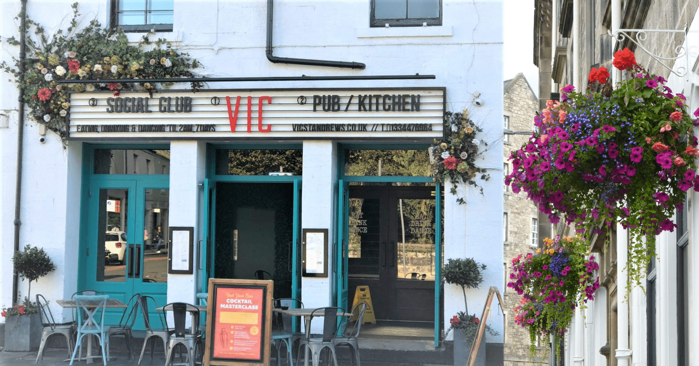 exterior-artificial-bespoke-floral-display-around-signage-and-hanging-baskets