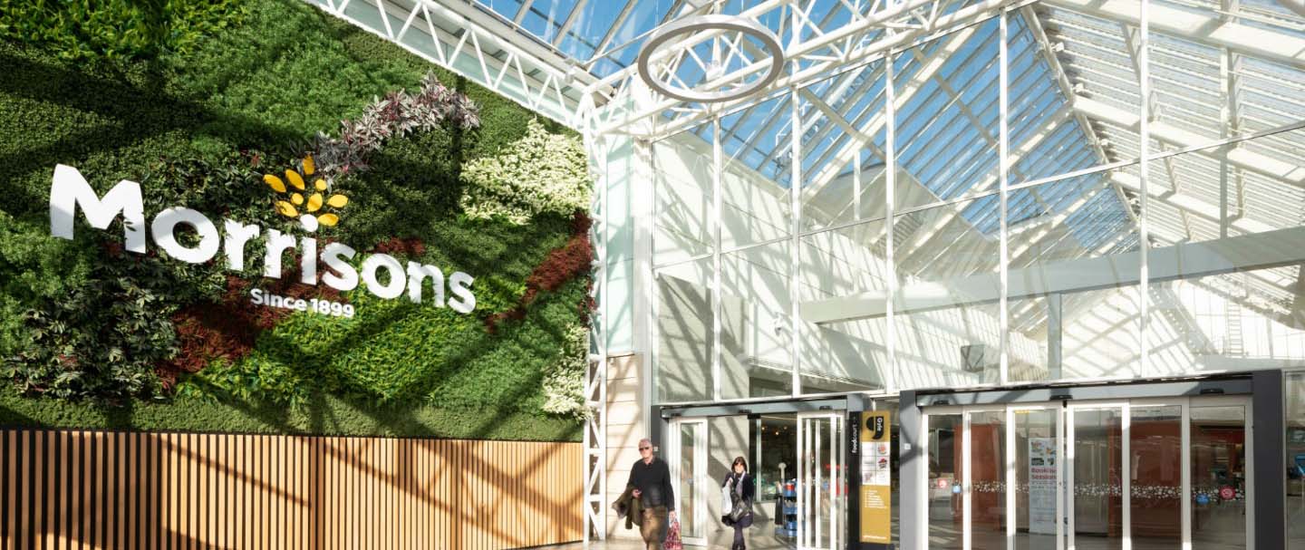 Gyle shopping centre’s huge oversized green wall welcome shoppers – part of the biophilic design elements softening the space