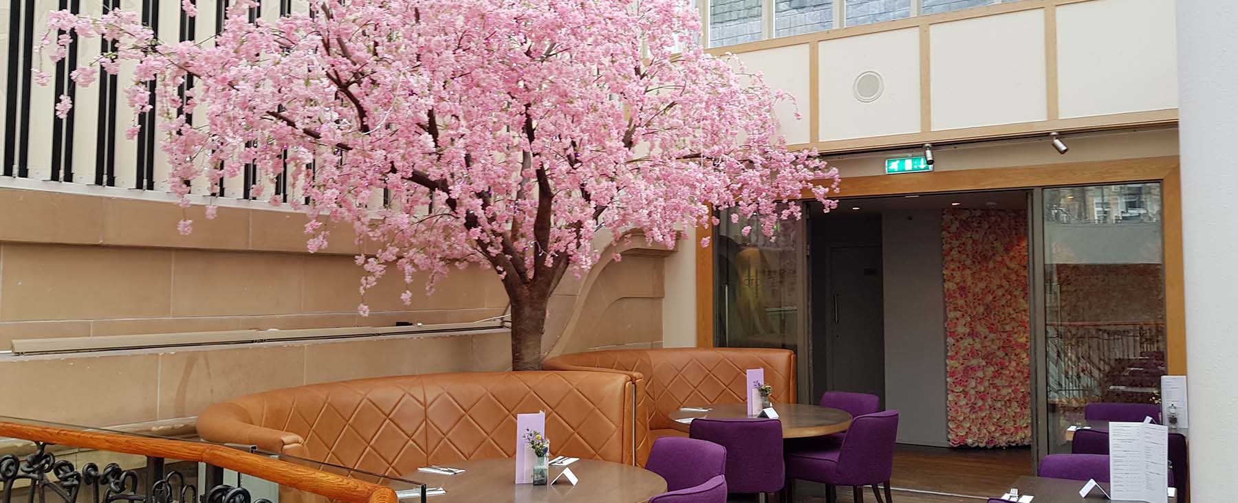 Giant artificial cherry blossom tree and pink rose filled selfie wall decorate the October cocktail bar in Glasgow’s Princes Square