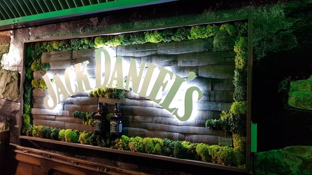 Bannerman’s Edinburgh bespoke sign incorporating reclaimed barrel staves, Nordik Moss and back-lit Jack Daniels branding