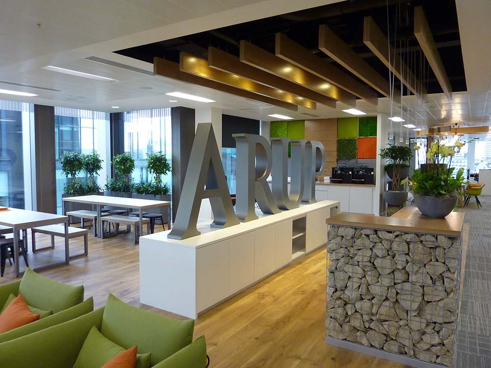 ARUP’s Glasgow office planting designed to complement the interior design with leafy plants, moss, stone and concrete