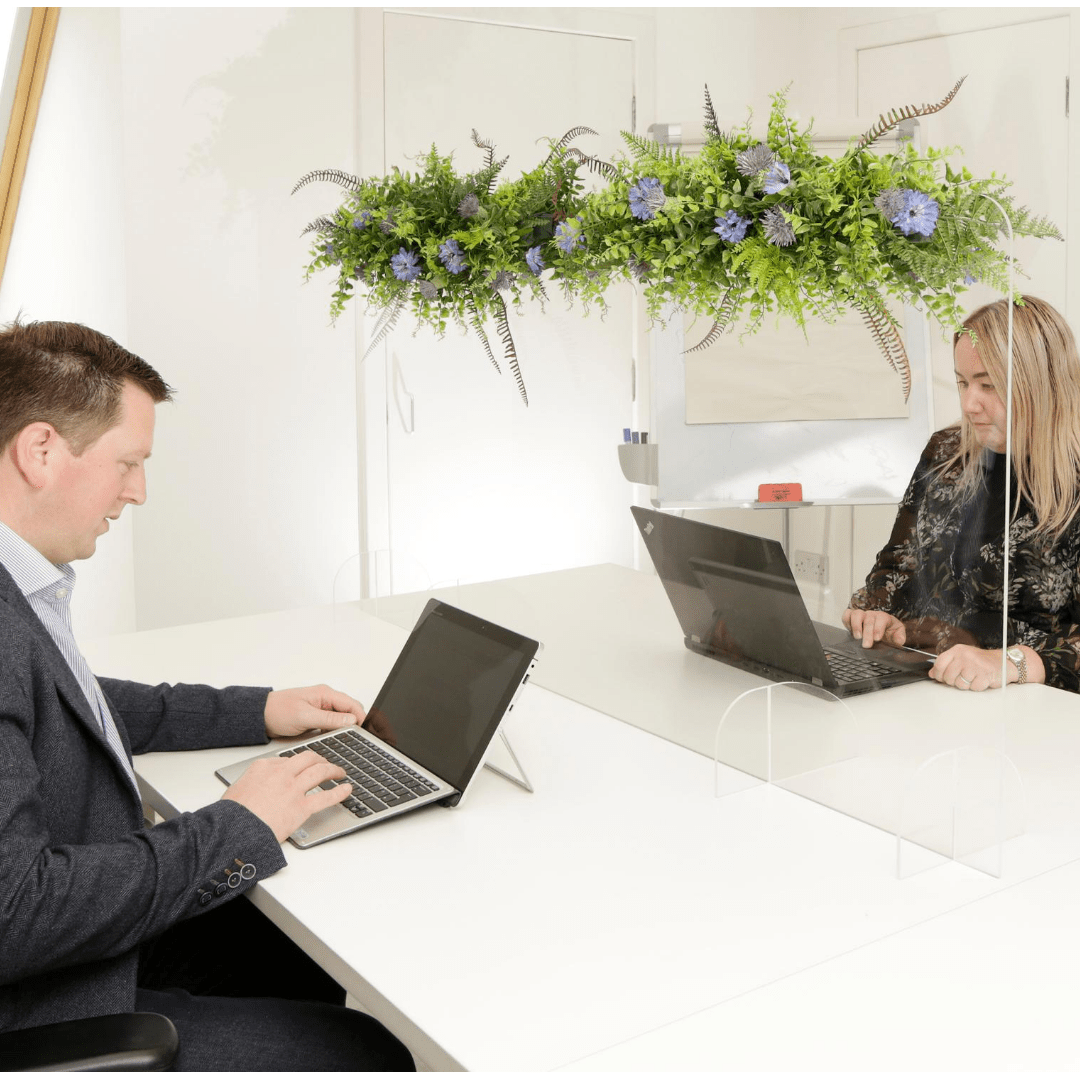 Two office employees seperated by a partition screen with a bespoke artificial floral and foliage screen topper, plant