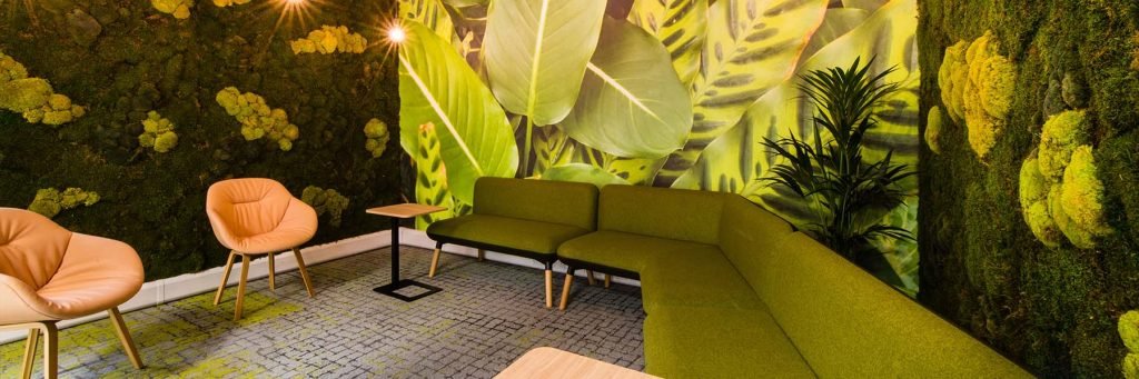 Varied lush live plants and natural materials create natural biophilic entrance to Everyman cinema Princes Square Glasgow