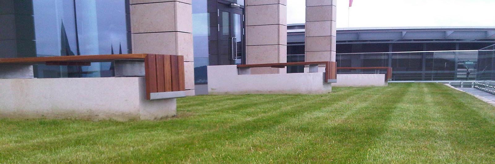 Landscaped lawns neatly mown with stripes on an Edinburgh city centre roof terrace with glass balustrades