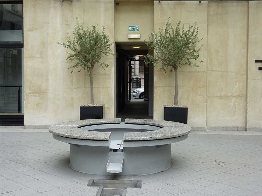 Two live olive trees in chic black matt finish cube planters at an entrance to the Italian centre, Glasgow