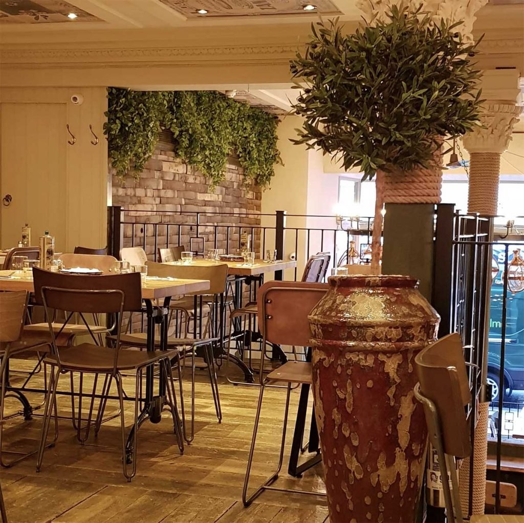 Live olive tree in a tall terracotta pot in front of artificial greenery draped from the ceiling bringing a rustic feel