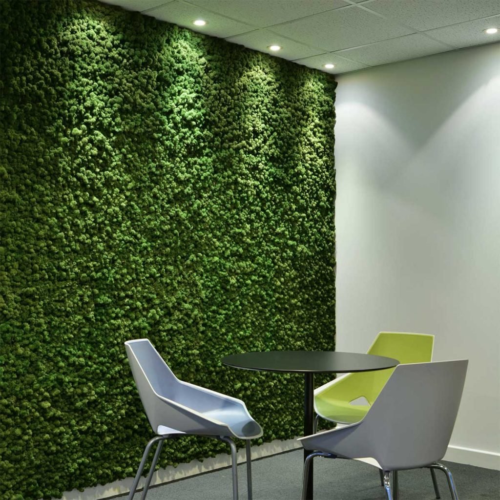Lush green Nordik Moss wall with individual spotlights makes for an interesting backdrop in a communal space