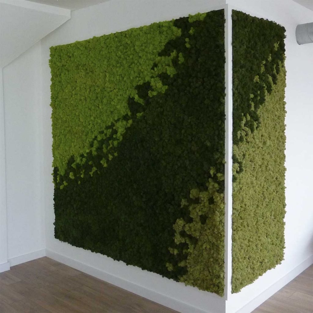 Wrap-around Nordik Moss panel mounted around a corner with two green moss colours creating a diagonal shape