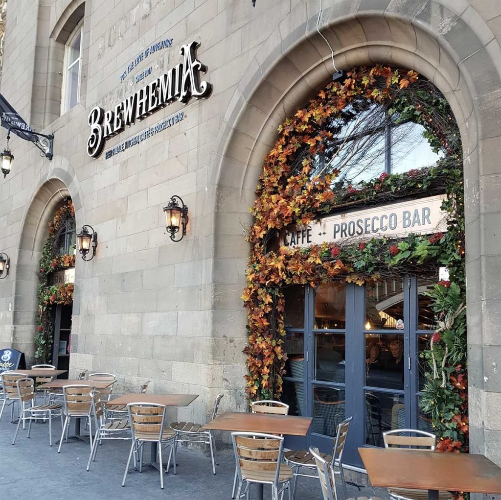 Brewhemia’s exterior archways bursting with autumnal shades and leaves for their pavement café
