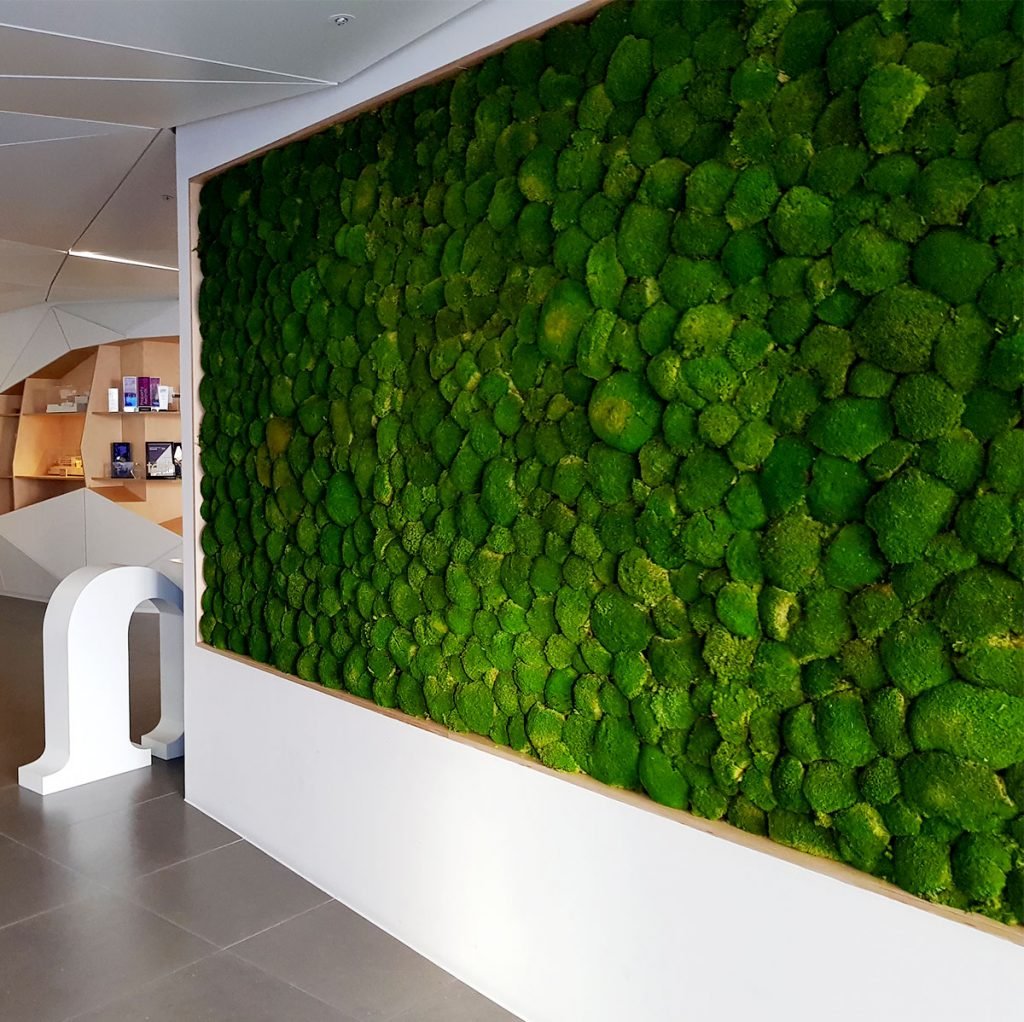 this plain white wall is transformed by our large Nordik moss panel, which brings in soft rounded textures to create a beautiful feature wall.