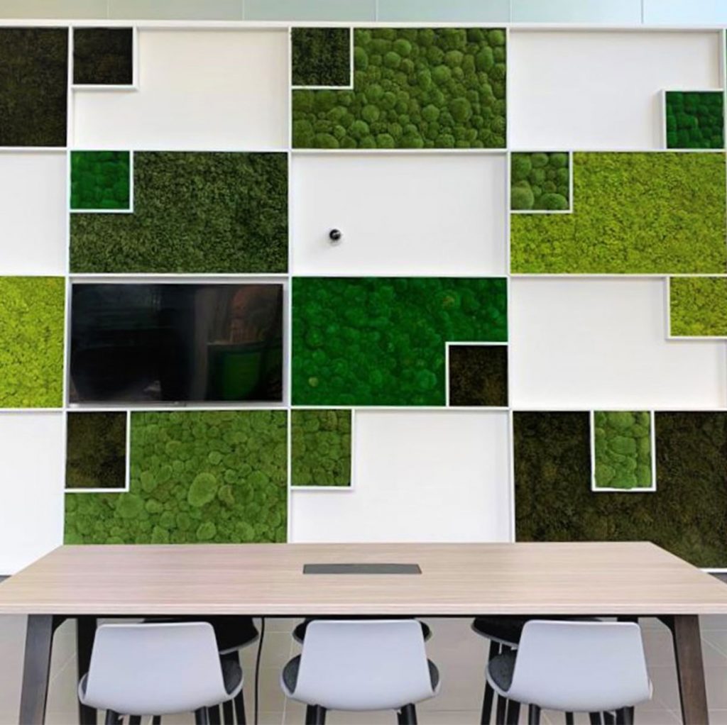 Nordik Moss panel wall made with a variety of moss colours & textures, carefully designed and arranged to create this classy feature wall at Capital Square, Edinburgh