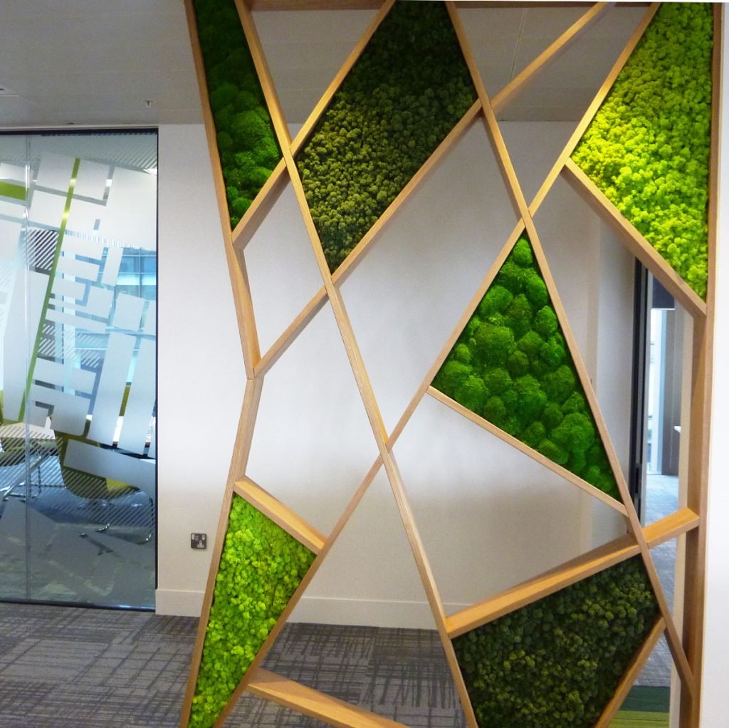 Different colours & textures of Nordik moss were used to create panels to fit within this unique divider wall. A beautiful combination of geometric shapes and different textures.