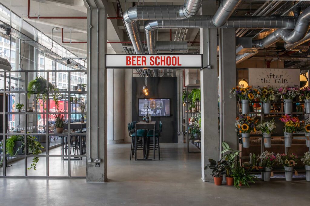 A variety of small mixed plants with trails fill the grid shelves at BrewDog Waterloo to enhance the atmosphere