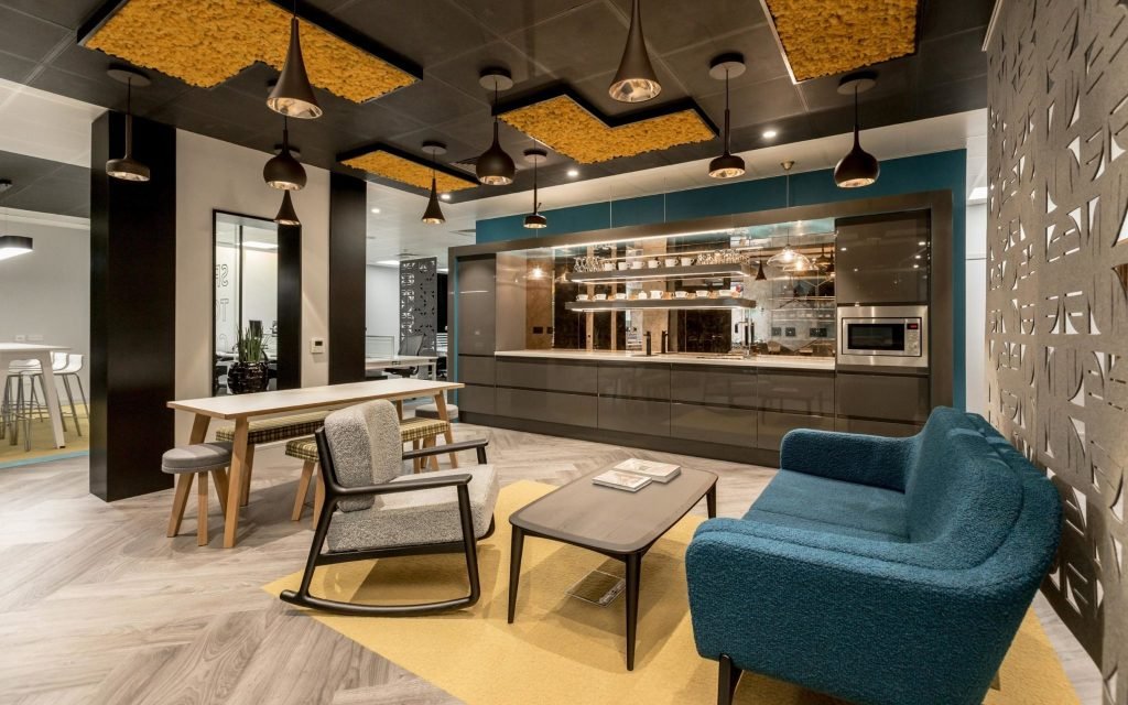 A yellow nordik moss display is fixed on space solution glasgow's ceiling