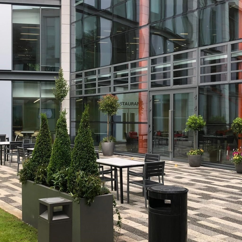 Black trough barrier planters filled with buxus pyramids and base plants in an exterior communal area with bay trees in the background