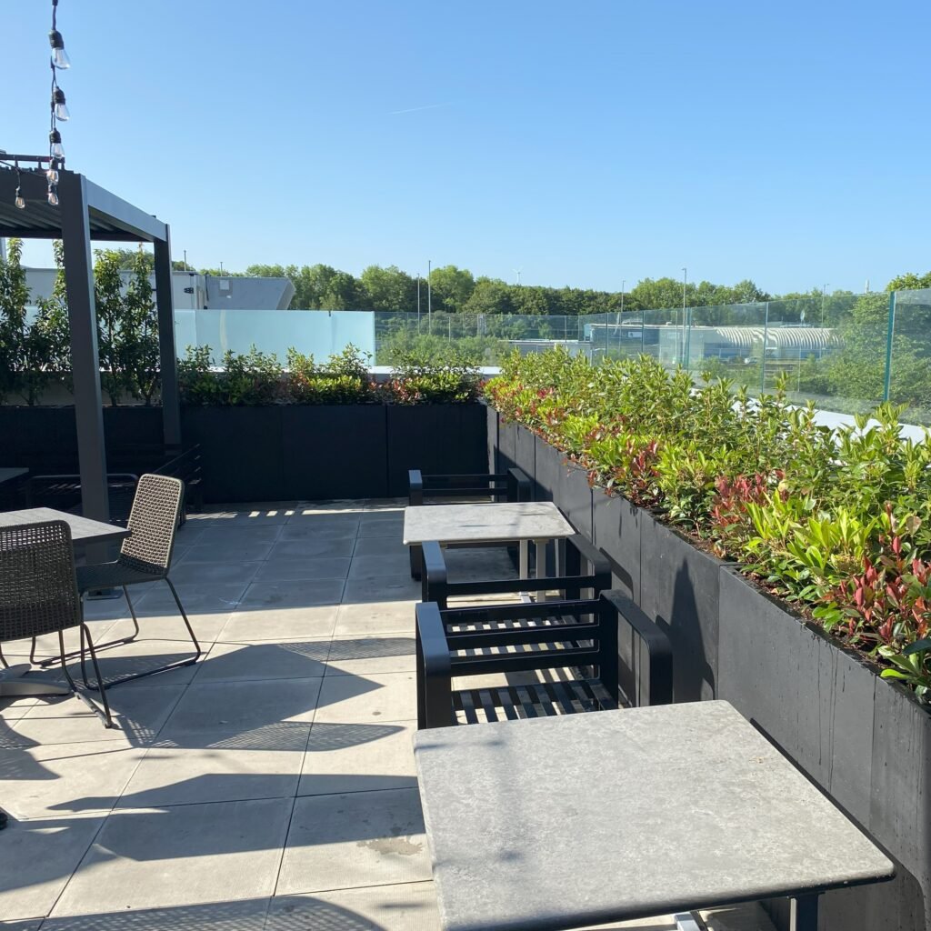 Live leucothoe scarletta fills the matt black troughs that line Top Golf’s exterior eating area. The richly coloured evergreen shrub compliments the balcony planters perfectly